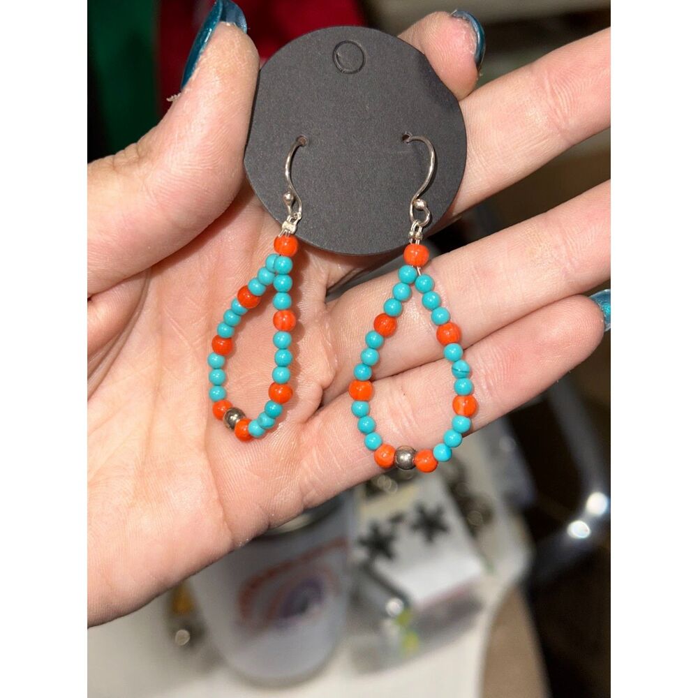 Faux Turquoise & Coral Teardrop Bead Earrings
